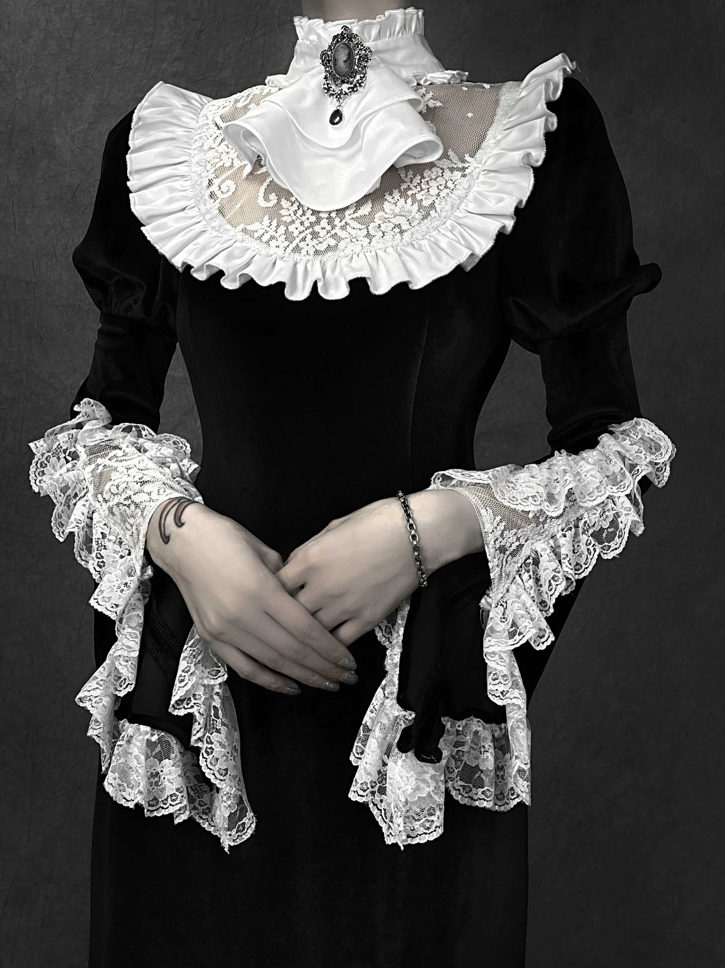 New Original Design Japanese Vintage Black Dress Lace Patch Turtleneck Trumpet Long Flare Sleeve Gothic Long Dress For Women