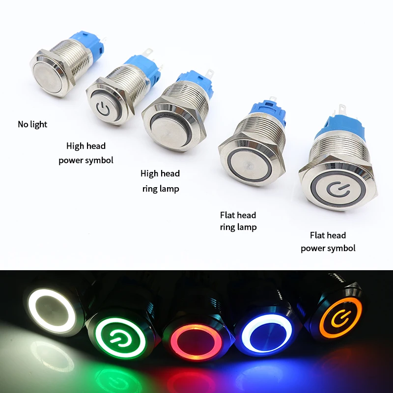 12/16/19 / 22mm Waterproof Metal Push Button Switch LED Light Momentary Locking Car Motor Start-Up 5V 12V 24V 220V Red Blue