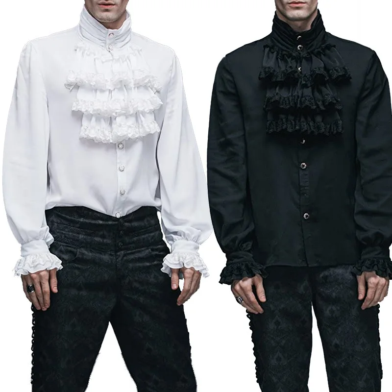 New Medieval Men\'s Shirts Turtlenecks Vintage Bandage Victorian Ruffles Gothic Male Jabot Blouse Tops Groom Casual Outfit