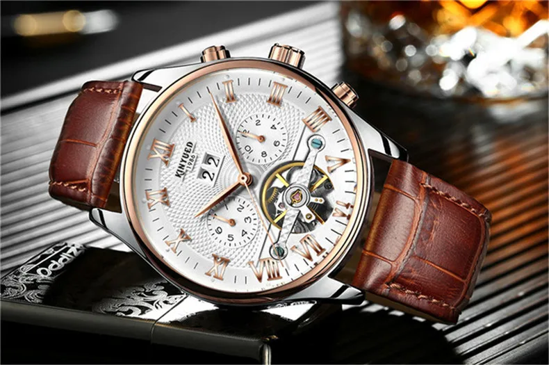 KINYUED Tourbillon Männer Uhren Mode-Business Automatische Mechanische Uhr Männer Casual Leder Wasserdichte Uhr Relogio Masculino – Detail 5
