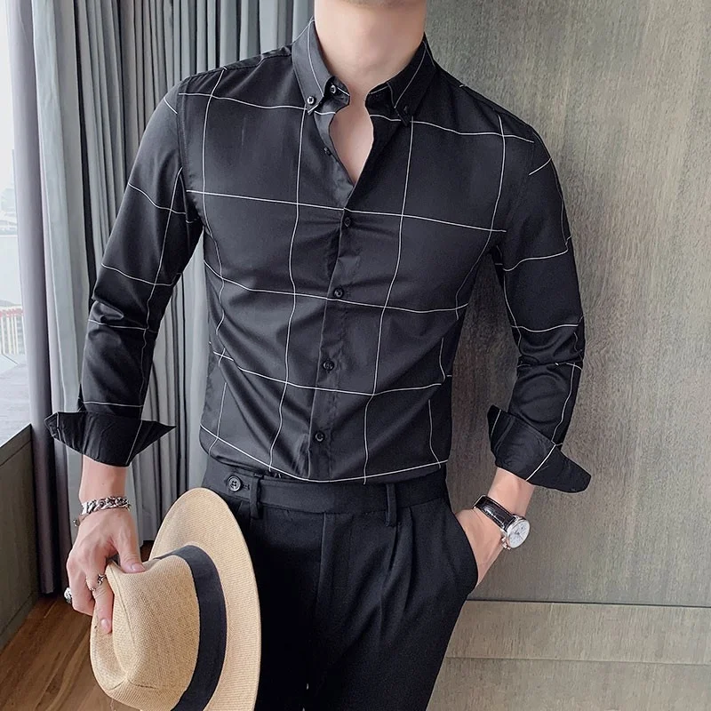 Autumn 2022 Plaid Mens Long Sleeve Casual Business Formal Wear Male Shirts Slim Korean Style Fashion Single Breasted Blouse