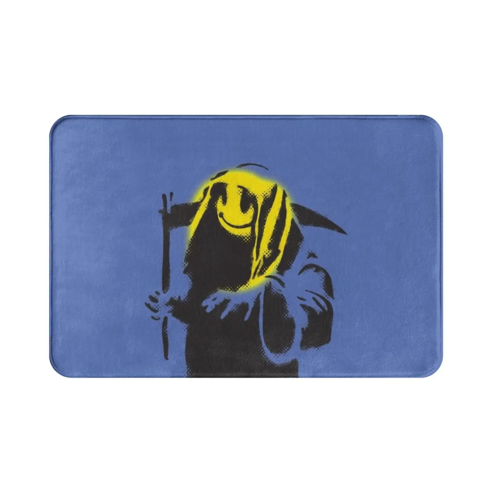 Banksy Graffiti Grim Reaper With Face Yellow And Blue Background Hd High Quality Online Store Carpet Mat Rug Cushion Soft