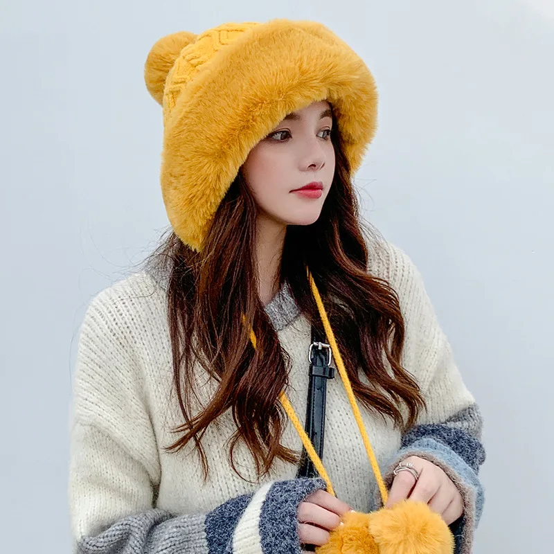 Fashion Faux Fur Knitted Bobble Beanie Hat Cute Pom Pom Ball Cossack Skiing Furry Cap Winter Thicken Warm Knitted Cap Cold-proof