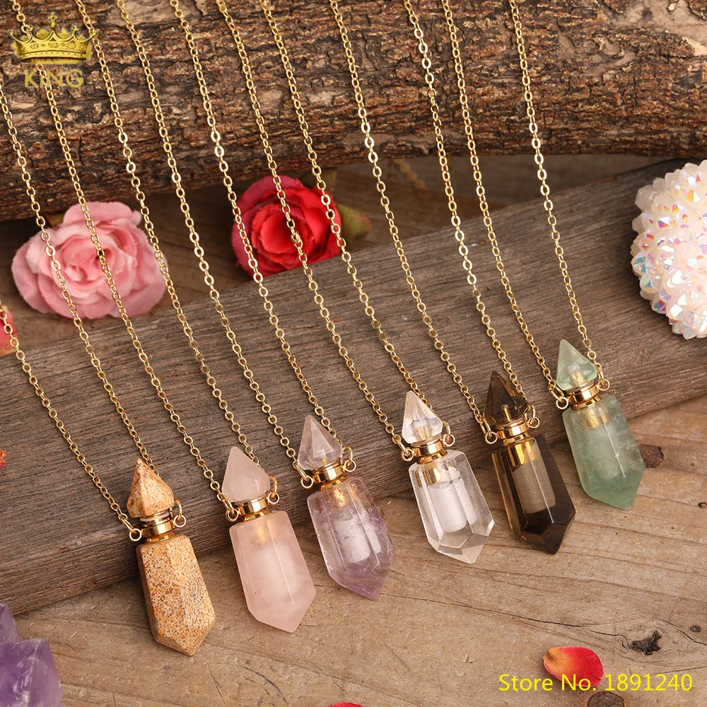 

Delicate Crystal Essential Oil Diffufer Jewelry White Pink Amethysts Quartz Hexagonal Perfume Bottle Pendant Necklace For Women