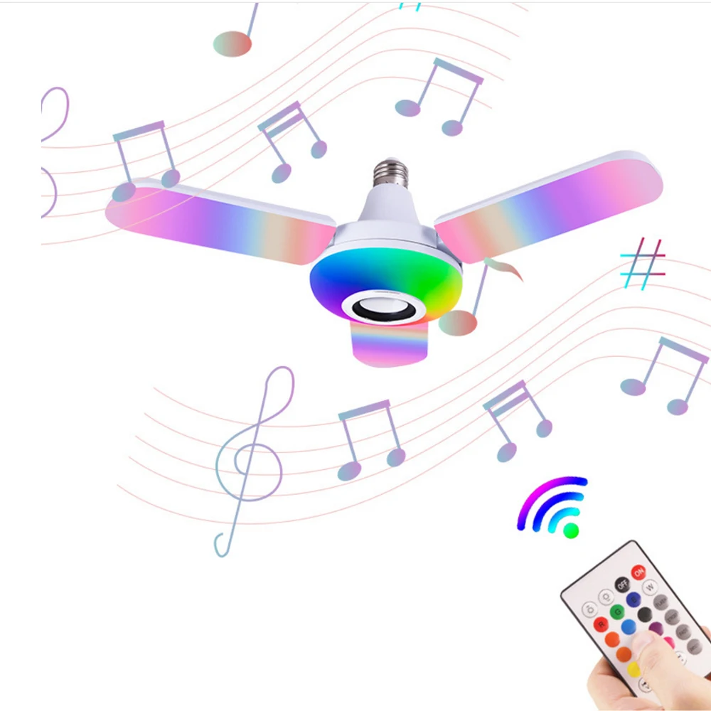 

Bluetooth Music Light RGB Four Leaves Fan Shaped 50W E27 LED Bulb With Remote Control Foldable Bulb Smart Speaker Lamp AC85-265V