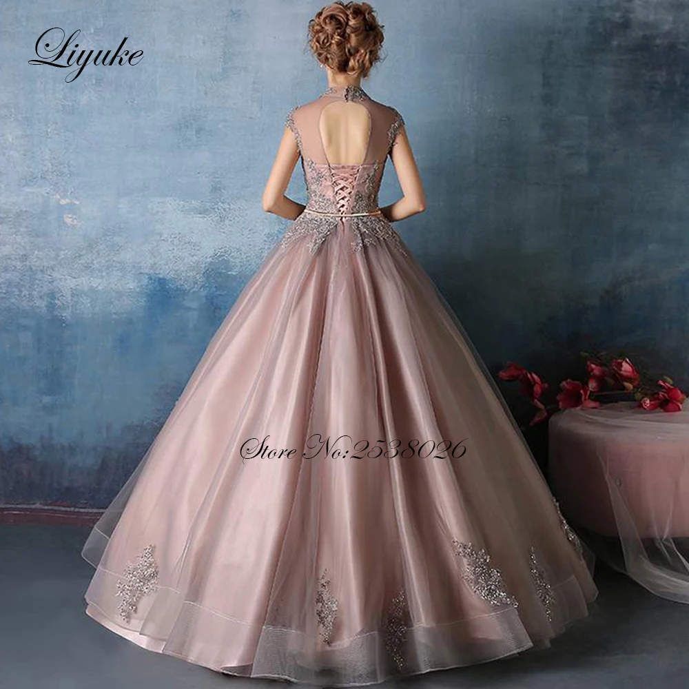 Liyuke Elegant Bean Paste Pink A Line Quinceanera Dresses With Full Silver Rhinestones Leaf Sash Lace Up Closure