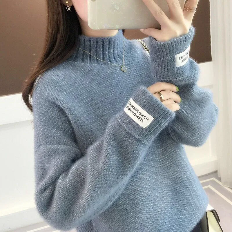 2021 Herfst Winter Dikke Trui Vrouwen Gebreide Trui Lange Mouwen Coltrui Losse Jumper Warm Pull Femme Zwart Groen