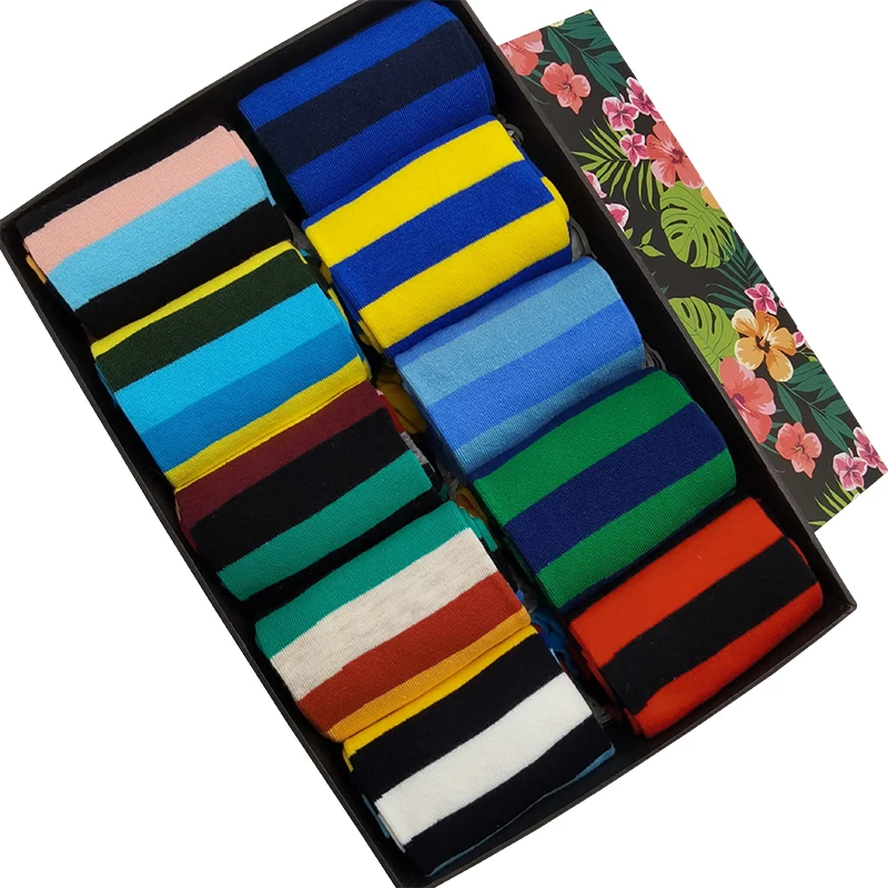 10 Pairs/Pack Men Women Cool Colorful Fancy Novelty Funny Casual Combed Cotton Crew Socks Striped Pattern Fun Funky Dress Socks