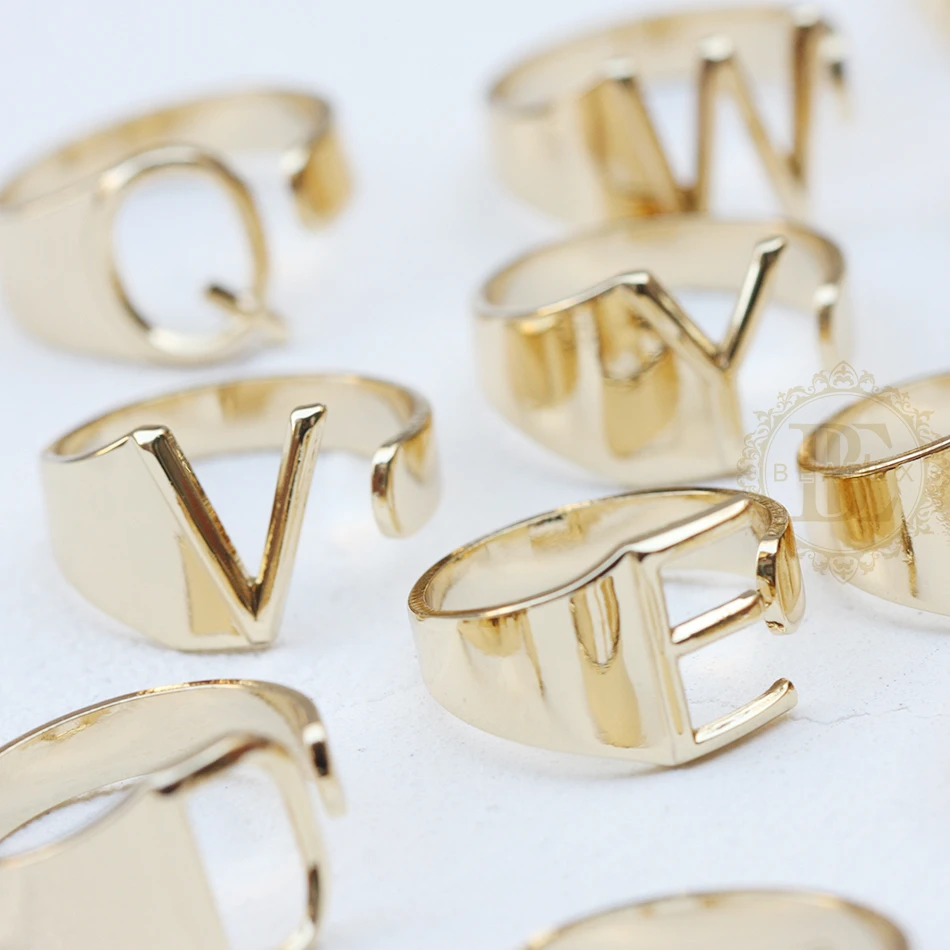 One Piece Gold Plated Solid Brass Alphabet Finger Ring Base - Letter Finger Ring - Adjustable - Open End (4532C)