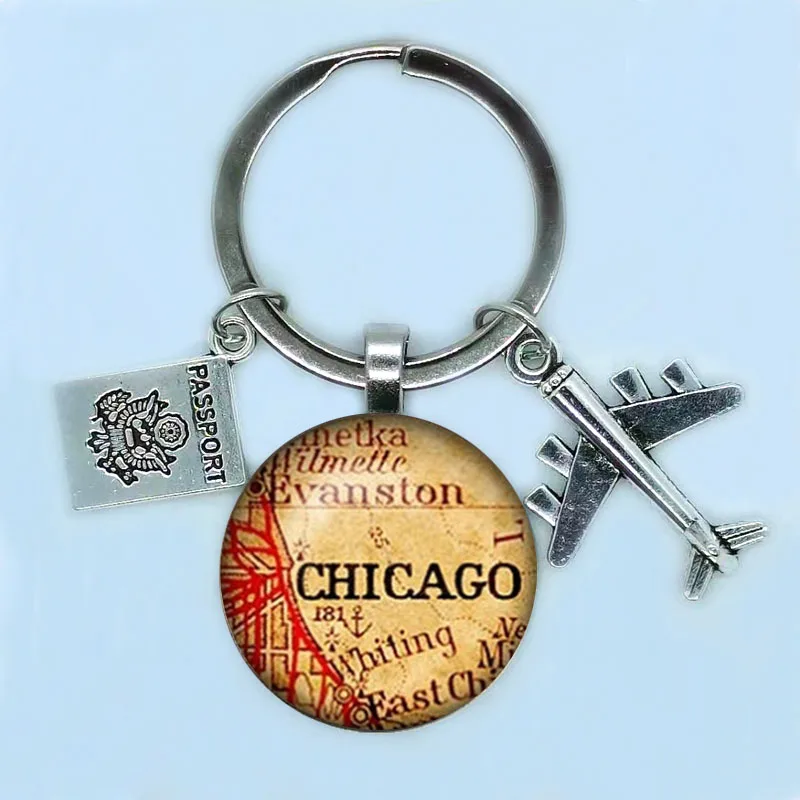 New 25mm World Travel City Map Aircraft Keychain New York Florence Finland Los Angeles Africa United Kingdom Native Map Badge Ke