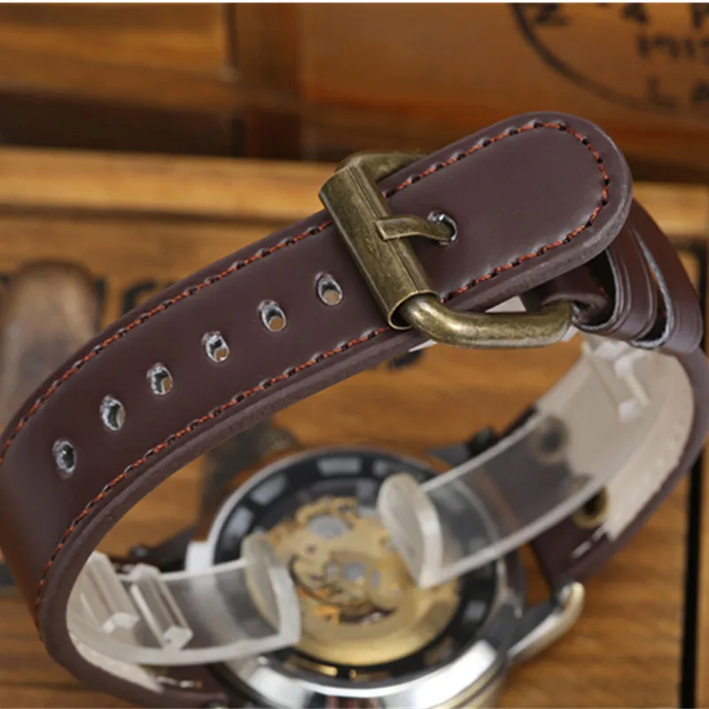 Gorben Brown/Black Leather Strap Automatic Mechanical Watch Skeleton Mens Watch Waterproof Sport Casual Male Wrist Watch