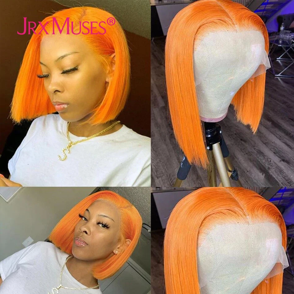 

Short BoB Human Hair Wigs Colored Bleached Knots Pre-plucked Hairline Wigs 13x4 Lace Front Wig Orange Colored For Black Women