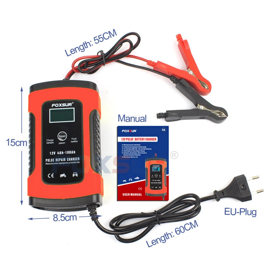 FOXSUR 12V 5A Multifunctional Battery Charger/Maintainer, Auto Pulse Desulfator for AGM Deep Cycle Gel EFB Lead Acid Batteries