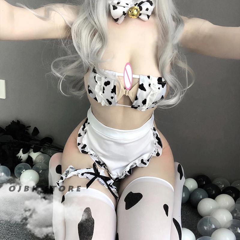 Disfraz de Cosplay de vaca Cos para niñas, Tankini de sirvienta, traje de baño de Anime, ropa de baño, conjunto de sujetador y bragas Lolita, medias, nuevo