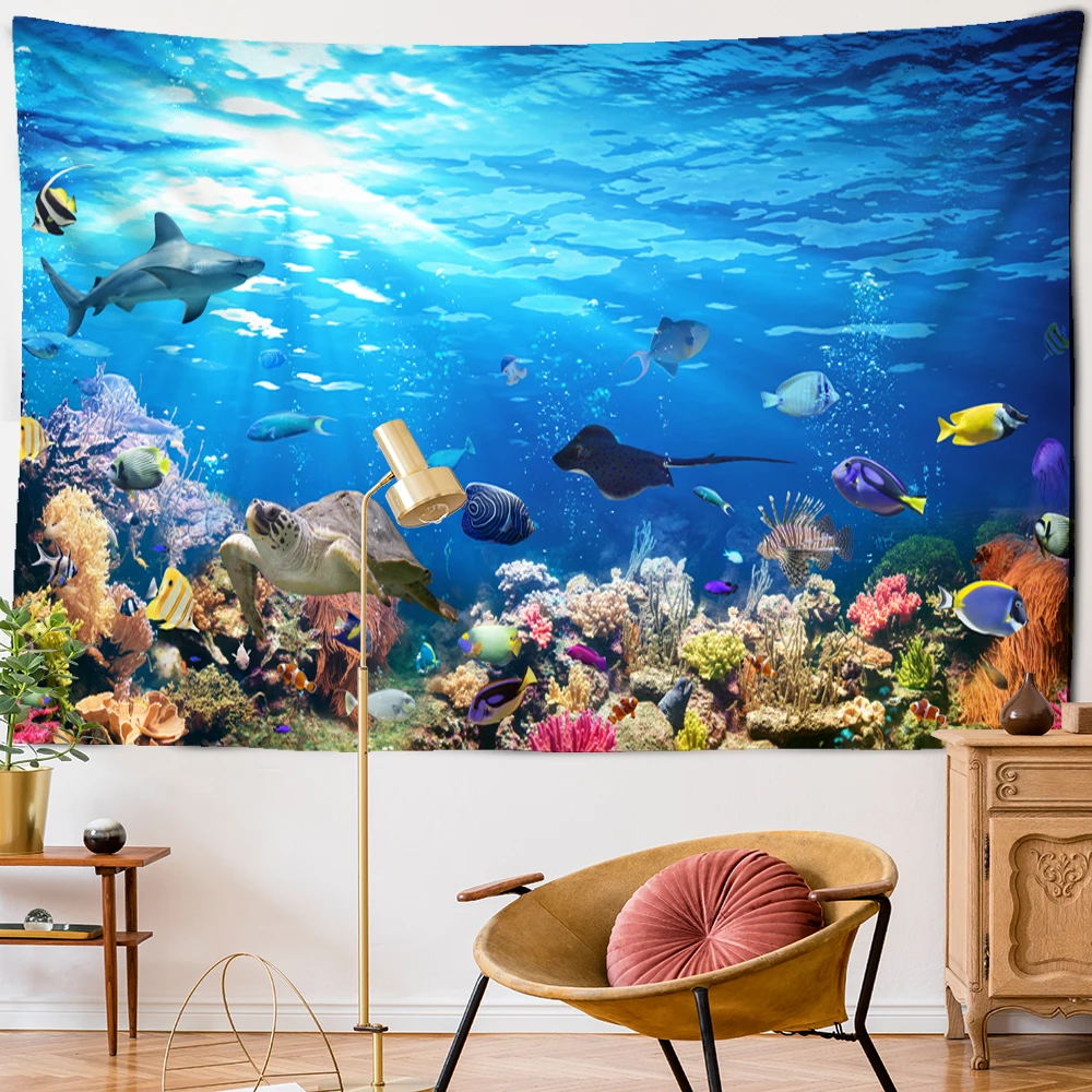 3D Digital Printing Tapestry Psychedelic Underwater World Beautiful Fish Tapestry Wall Hanging Marine Animal Coral Home Deco