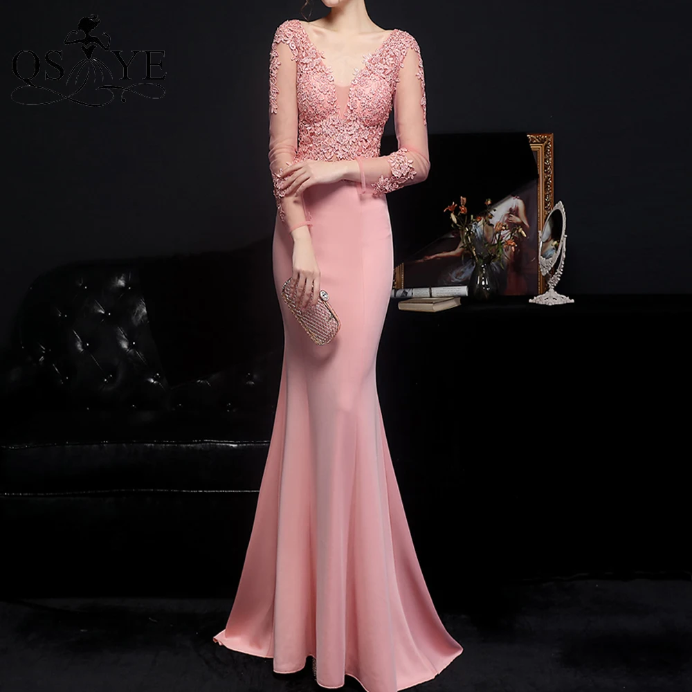 Long Sleeves Pink Prom Dresses Stretch Mermaid Women Gown Sequined Appliques Formal Party Dress V Neck Hot Drill Evening Dress