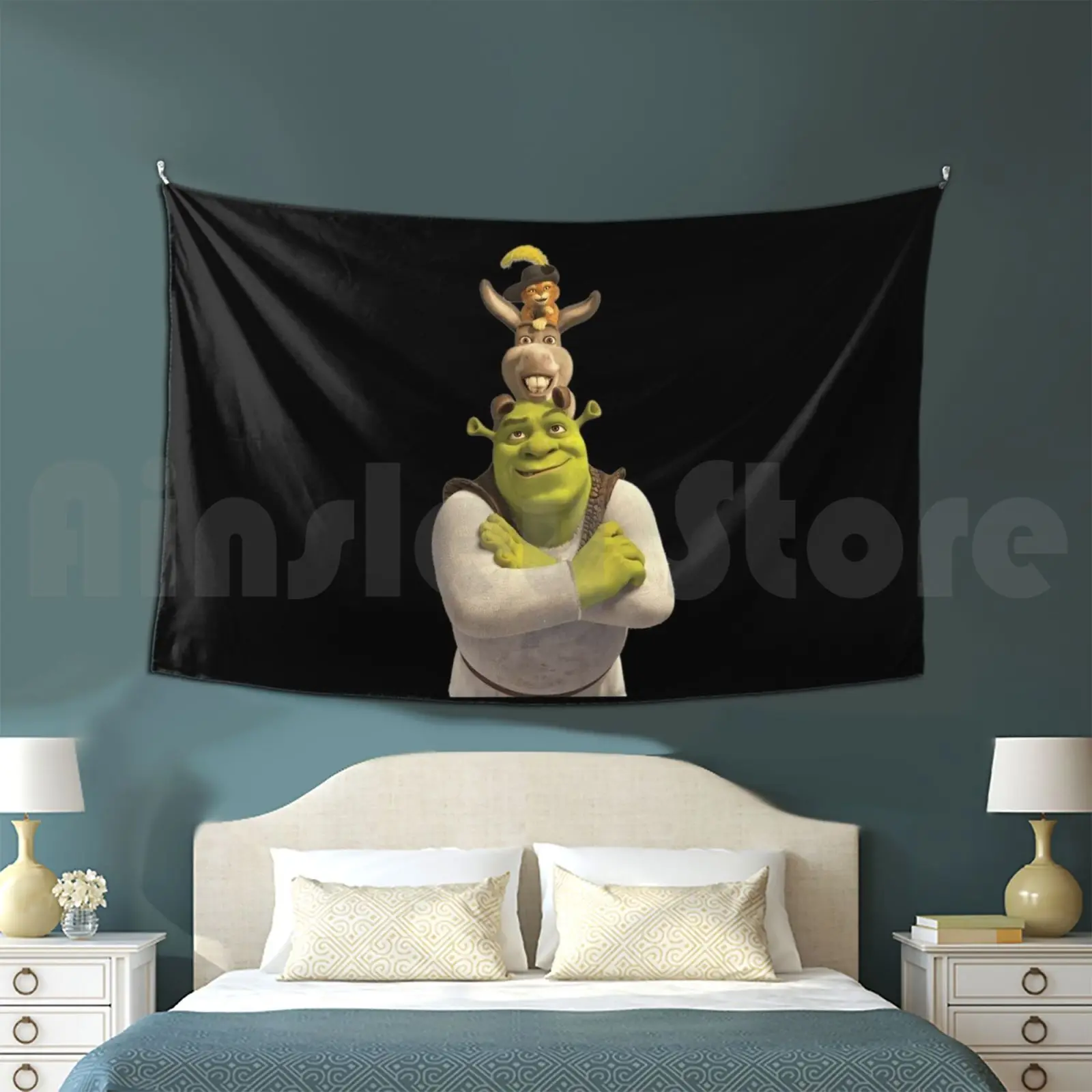 Sherk With Friends Tapestry Background Wall Hanging Sherk Fiona Cat Cartoon Meme Donkey Memes Movie Funny Christmas Tumblr