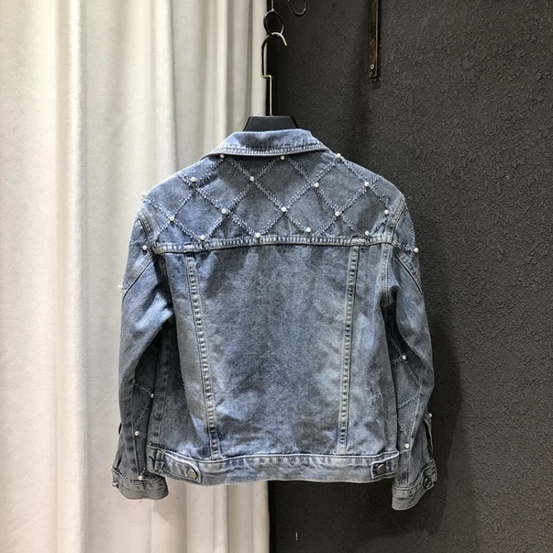 Spring Women Loose Striped Beading Denim Coat Streetwear Rivets Hip Hop Cowgirl Jacket Single Breasted Light Blue Casual Jakcets