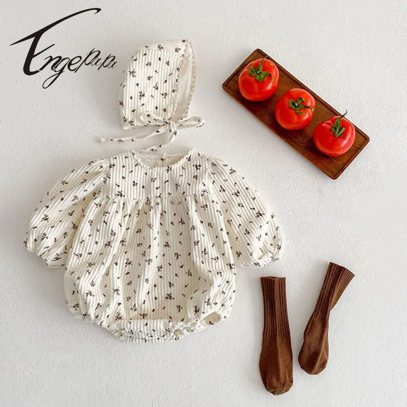 

Engepapa 2022 Spring Autumn Baby Girl Romper Long Sleeves Corduroy Jumpsuit+Hat 2pcs Flower Printed Romper Baby Girl Clothes