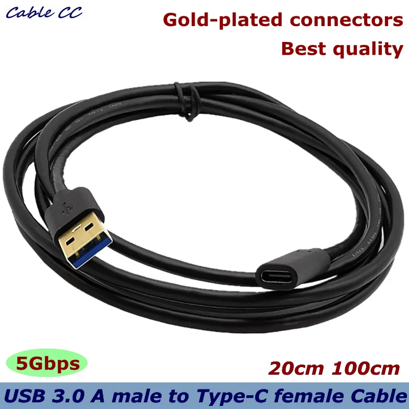 Gold-plated USB 3.0 A to USB-C female adapter cable, type A 3.0 male to type C female USB 3.1 data and charging converter