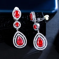 CWWZircons High Quality Women Red Wedding Party Costume Jewelry Long Water Drop Clip On Earring without Piercing Ear CZ244