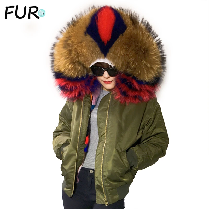 

New winter High Fashion street Women's Luxurious Real Mink Fur Liner bomber jacket mini parka Hooded Coat warm Outwear