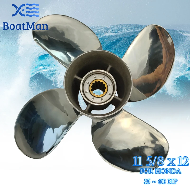 BoatMan® 11 5/8X12 Stainless Steel 4 Blade Propeller For Honda 35HP 40HP 45HP 50HP 60HP Outboard Motor Boat Marine Parts RH