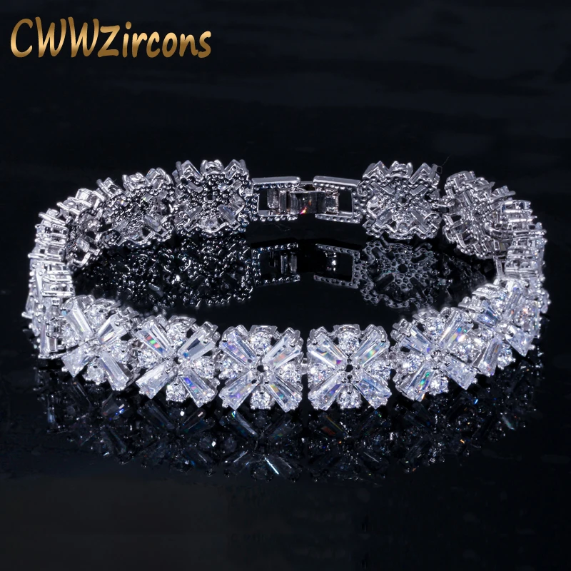 CWWZircons Women Fashion Jewelry Gorgeous Silver Color Spring Flower Cubic Zirconia Connected Tennis Bracelet for Wedding CB010