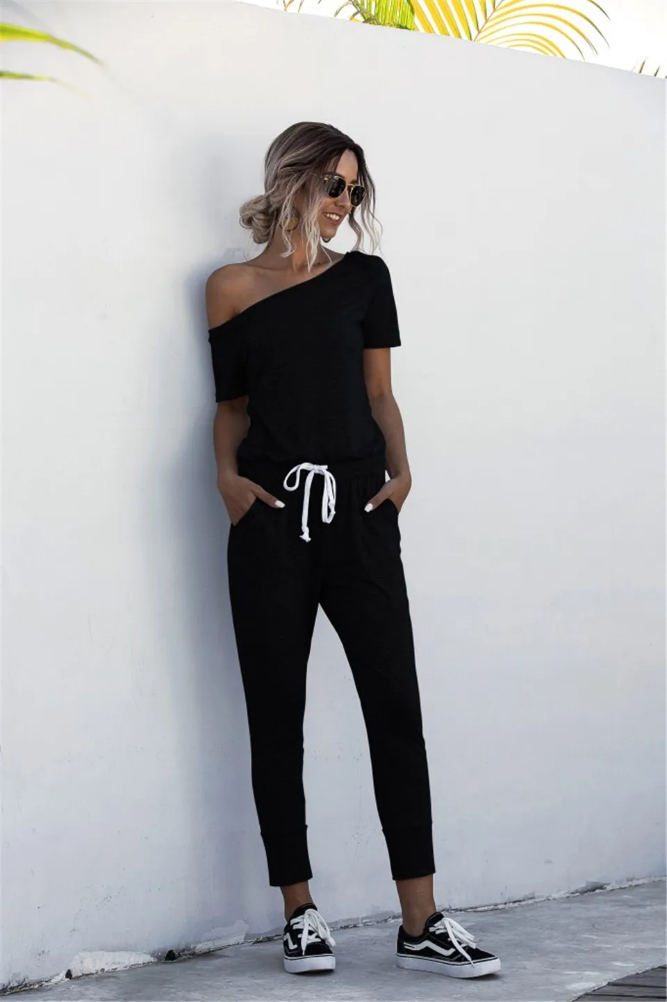 Women Jumpsuits Summer 2021 Drawstring Pockets Decor Oblique Collar Short Sleeve Mid Waist Slim Jumpsuits Women Fashion Clothing