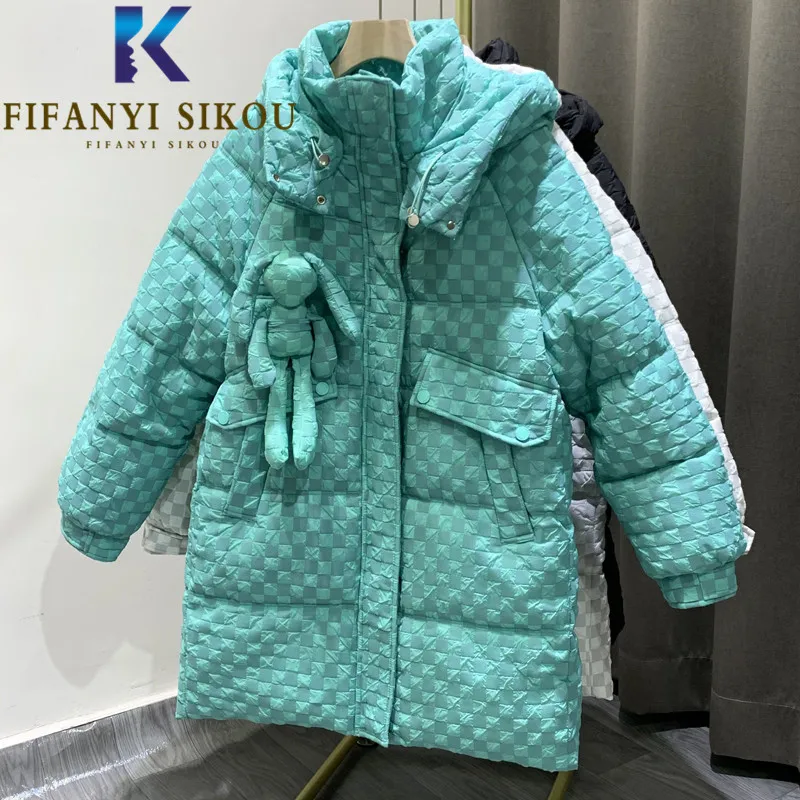 2021 Winter Jacket Women Long Parkas Doll Decorate Fashion Plaid Hooded Down Jackets Thick Warm High Quality Cotton Coat Female