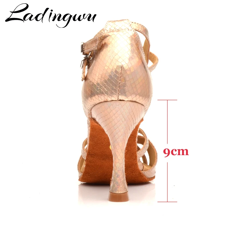 Ladingwu Dance Shoes Woman Latin Discoloration Snake texture Gold PU Salsa Dance Shoes 9cm Cuban Heel Tango Professional Shoes