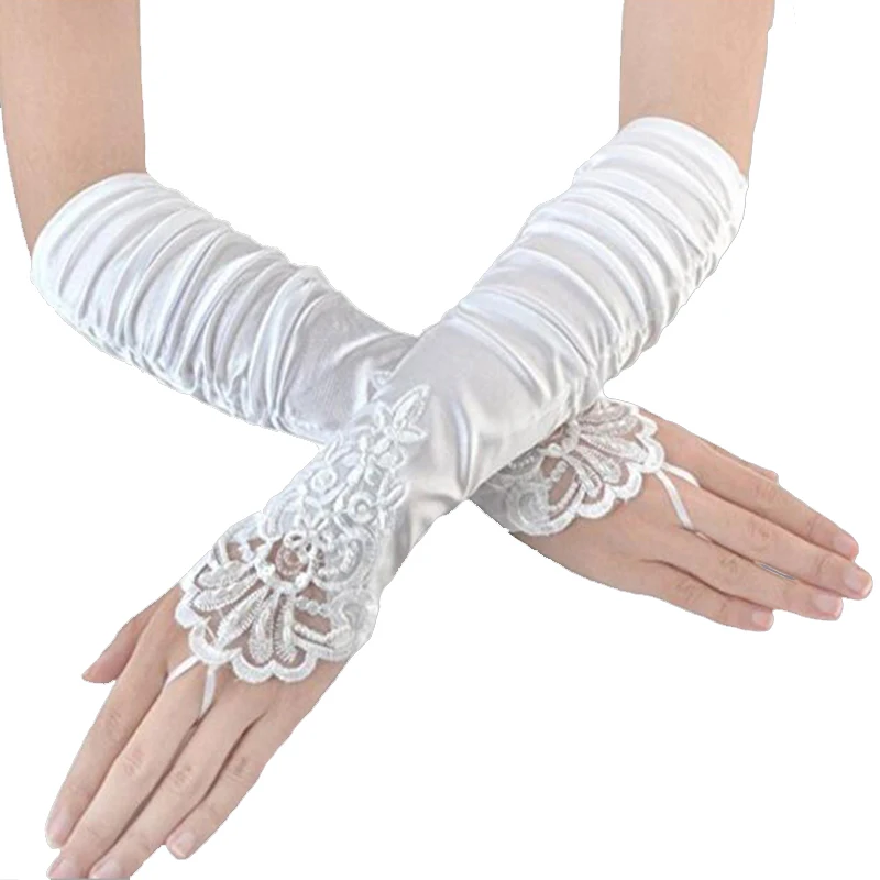 Guantes de novia con Apliques de encaje, manoplas de novia con cuentas, color marfil/Blanco/negro/rojo, largo hasta el codo, sin dedos, accesorios de boda