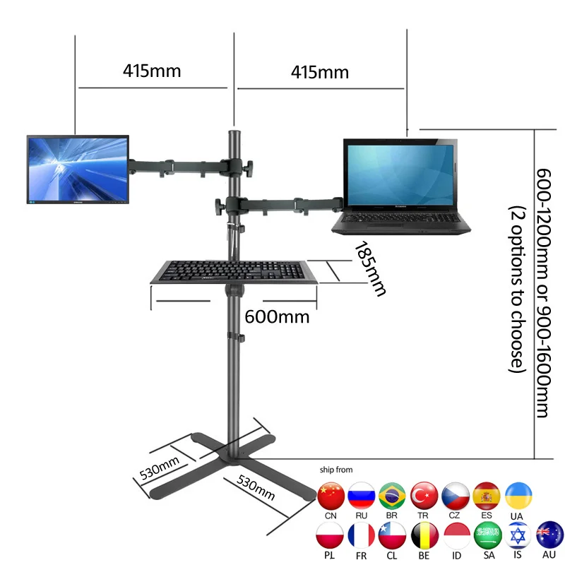 

2020 DL-UP20H X Shape base big height adjustable160cm 150cm workstation monitor floor stand +keyboard tray laptop tray holder