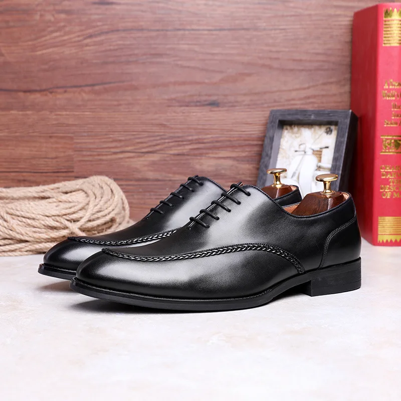 Mens Business Dress Fashion Elegant Pointed Toe Lace Up Vintage Cowhide Genuine Leather Derby Shoes Big Size 44 45 46 47