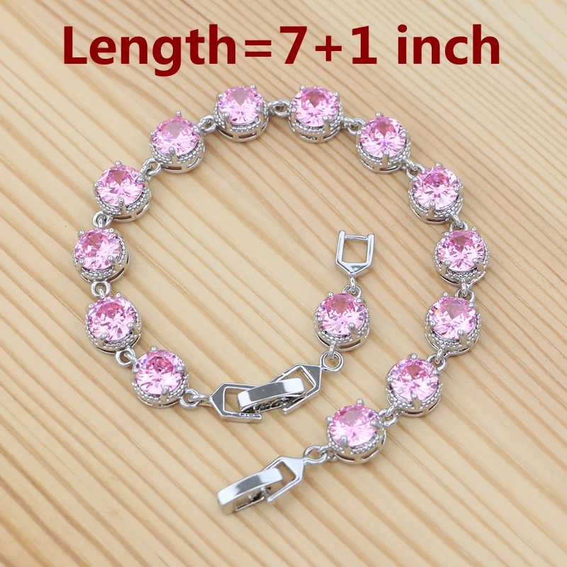 925 Sterling Silver Jewelry Set Pink Cubic Zirconia Egg-shaped Ring Earrings Pendant Chain Bracelet Sweet Jewelry for Women