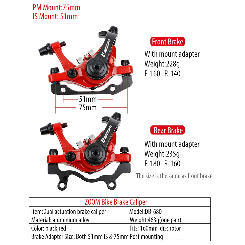 ZOOM Road Mountain Bicycle Bike Cable Front Rear Mechanical Disc Brake Caliper Adapter Dual Piston Actuation Aluminium Alloy