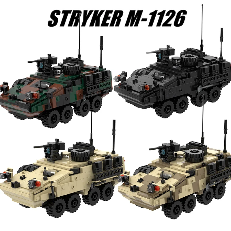 MOC Military Building Blocks Stryker Armored Enemy Vehicle Car Model Set US Army Figures WeaponsTruck Gun Parts Kits Toys 