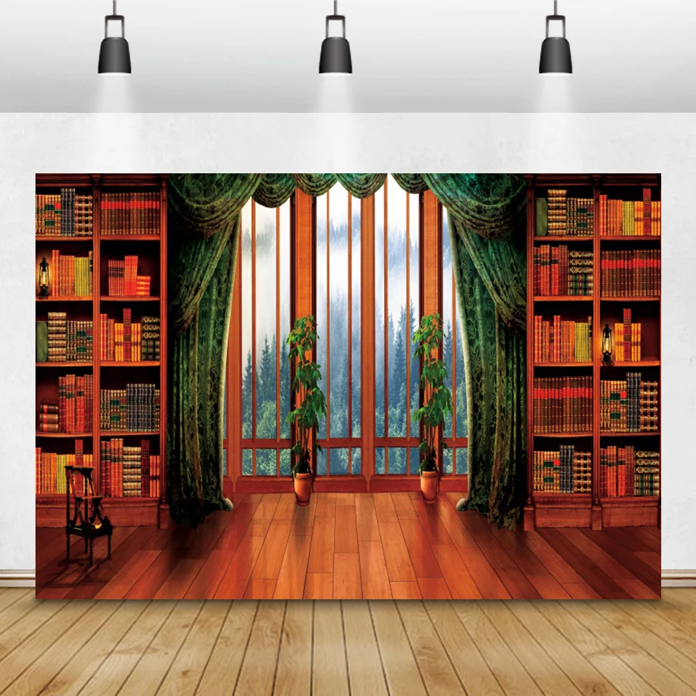 

Grunge Vintage Bookshelf Window Book Curtains Interior Home Decro Photozone Photophone Photographic Backdrops Photo Backgrounds