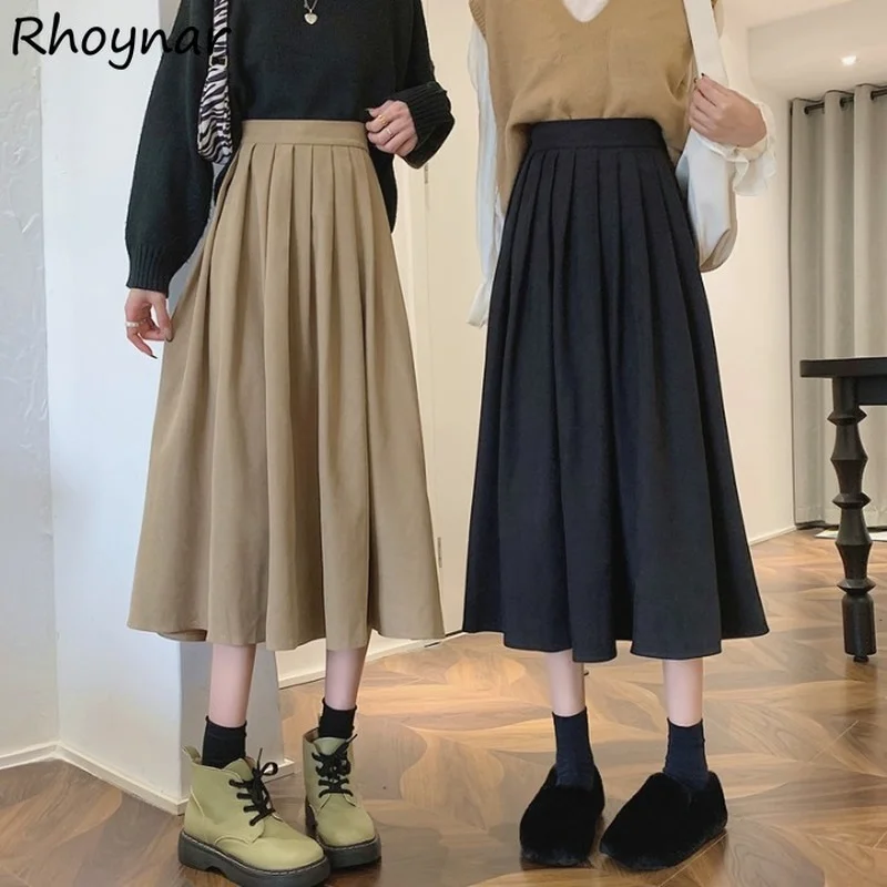 

Skirts Women New Arrival Empire Autumn Folds Mid-calf All-match Fashion Street Wear College Simple Solid Color Girlish Lovely