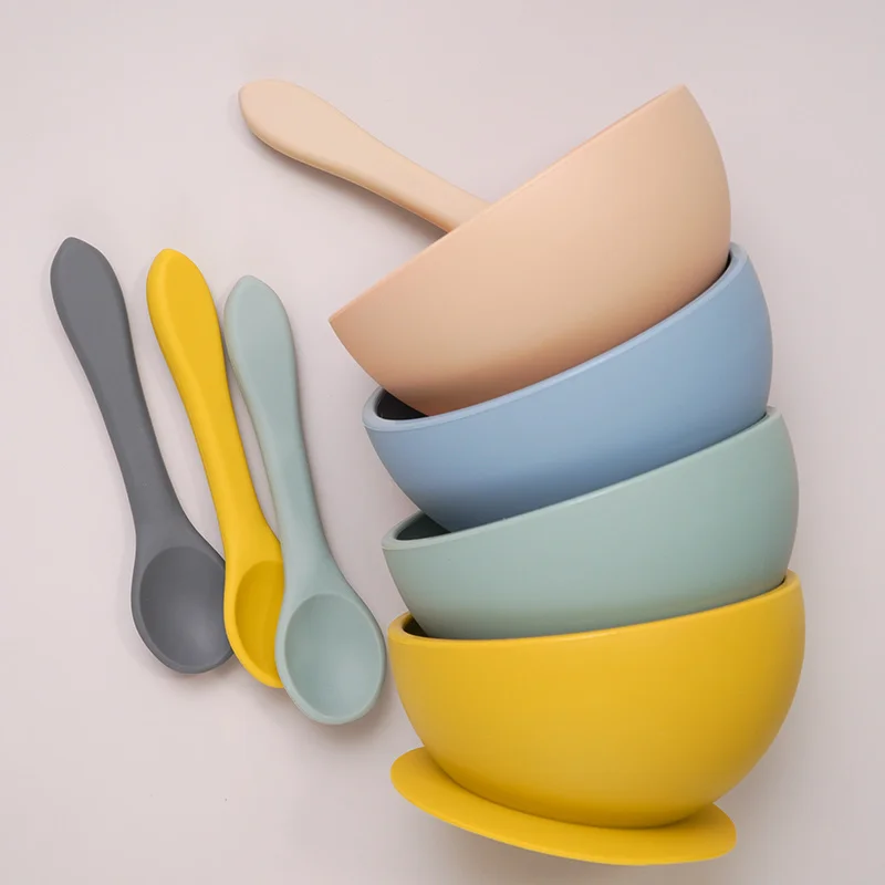 BPA Free Infant Feeding Tableware Set Baby Non Slip Sucker Bowl Toddler Training Plate With Soft Silicone Spoon.