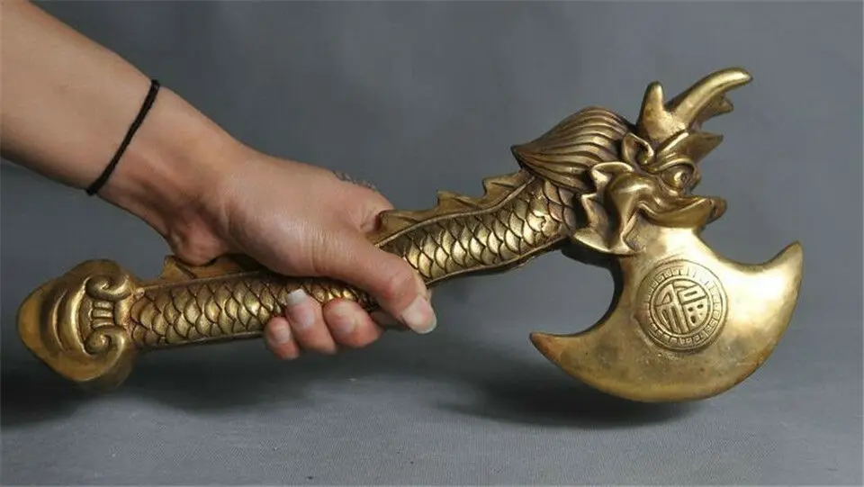 Chinese Fengshui Brass Weapon Arms Ward off evil Dragon head Axe Hatchet