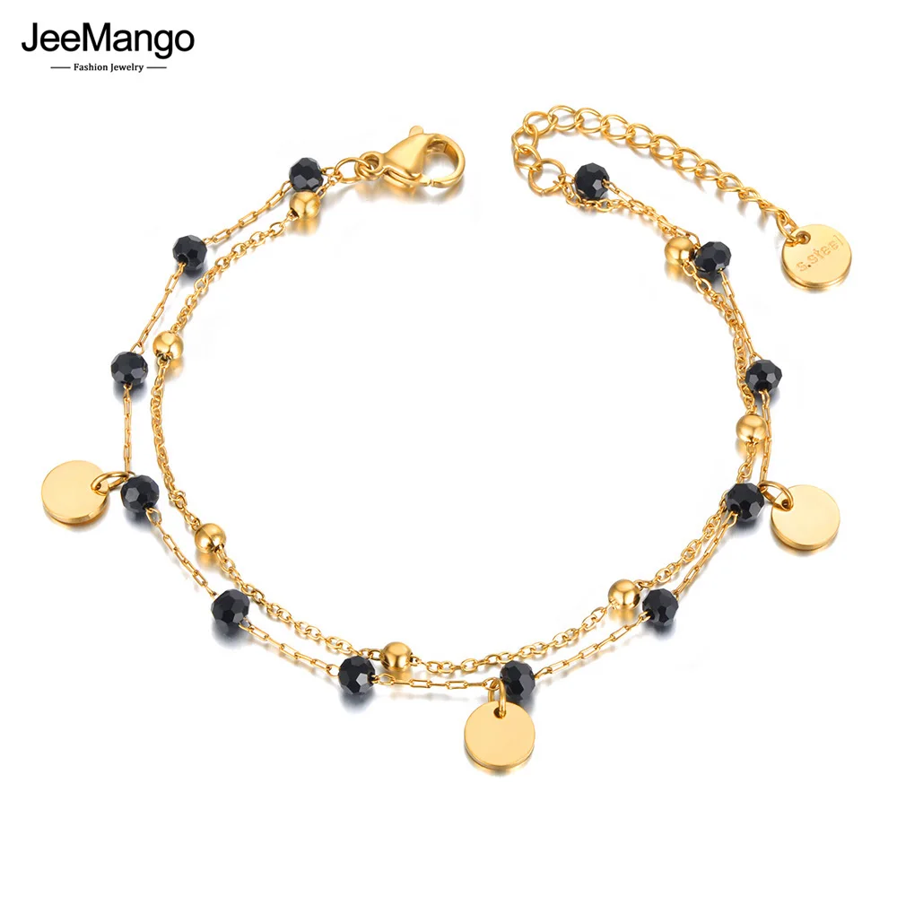 JeeMango Bohemia Titanium Stainless Steel Double Layer Bracelet For Women Original Design Black Crystal Chain Jewelry JB21117