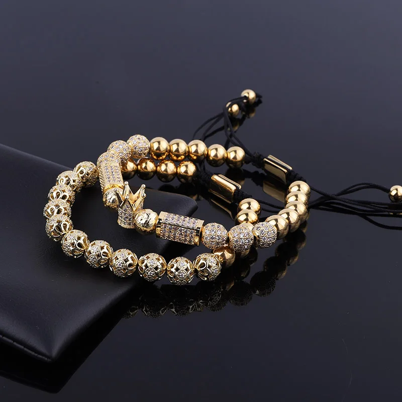 Luxury Men Jewelry Gold Plated CZ Pave Crown Charm Stainless Steel Beaded Bracelet Set Male