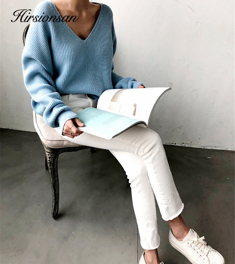 Hirsionsan Thicken Sweater Women 2023 Vintage Minimalist Autumn Winter Sweater Korean Casual Solid Knitted Pullovers V Neck Tops