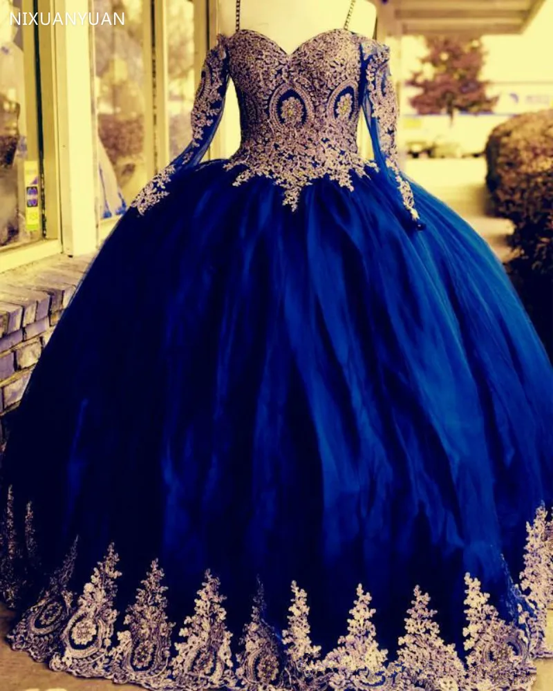 Robes de RhQuinceanera en dentelle dorée bleu royal, robe de Rhà manches longues, robe de soirée Sweet 16 initiée au froid