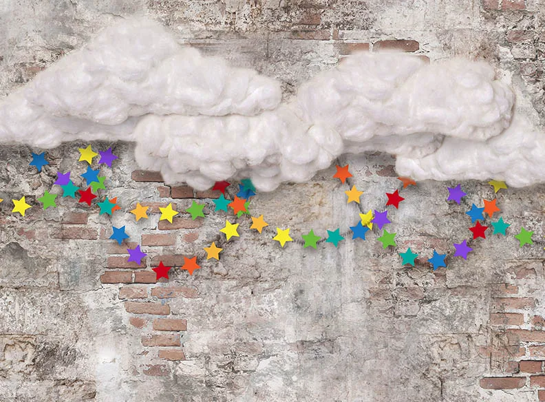 Colorful Stars White Clouds Old Red Brick Wall backdrop High quality Computer print party photography backgrounds