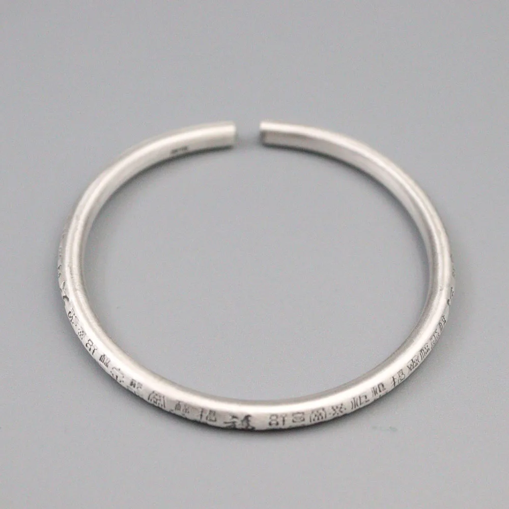 

Fine Pure S999 Sterling Silver Bangle Women 4mmW Fu Figure Bracelet 54-58mm 24-26g