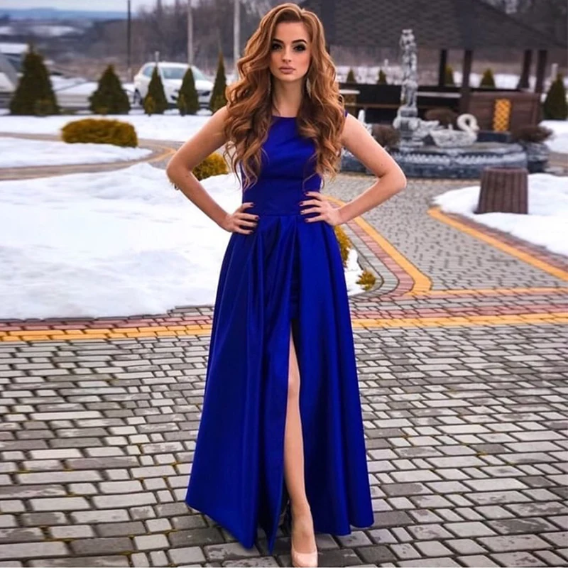 Elegante Vestido De graduación azul real sin mangas, abertura alta, vestidos De noche simples, vestidos De graduación baratos, Vestido largo De formato, nuevo 2019