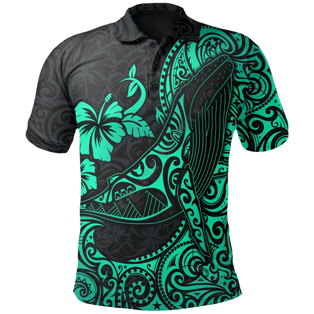 Polynesian Hawaii Polo Shirt Polynesian Turquoise Humpback Whale 3D Printed Polo Shirt Men Women Short Sleeve Summer T-shirt 01