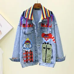 Fashion Sequins Cartoon Cute Printing Long Sleeve Jacket Female Casual Denim Coat Women Knit Collar Outwear Hole Femme Veste